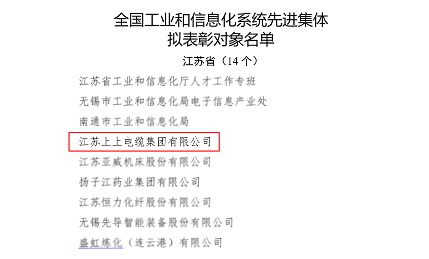 上上電纜榮獲“全國(guó)工業(yè)和信息化系統(tǒng)先進(jìn)集體”